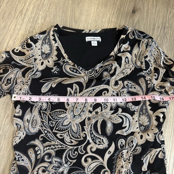 Croft & Barrow Black Beige Paisley Blouse 3/4 Sleeve Sz S Classic Boho Stretch - Picture 4 of 10